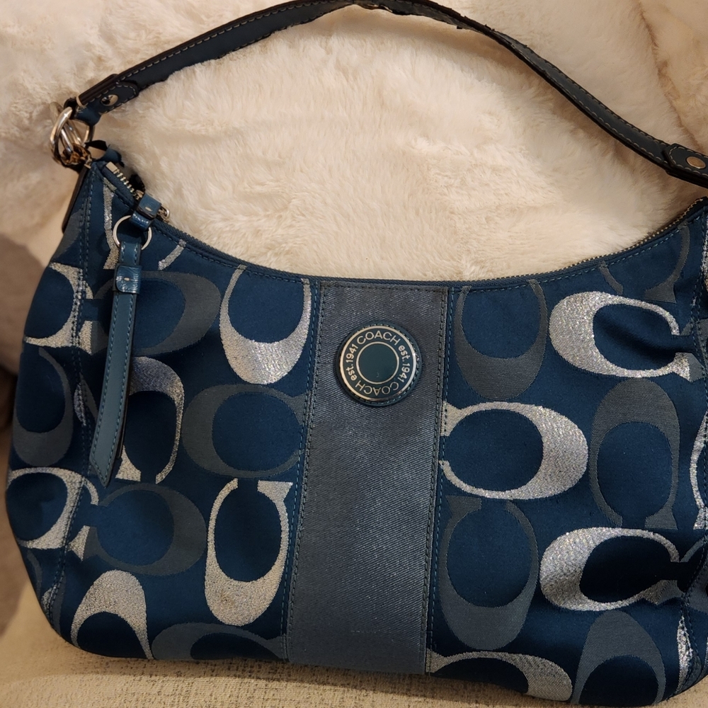 Coach Signature Teal Metallic Hobo purse plus small wristlet